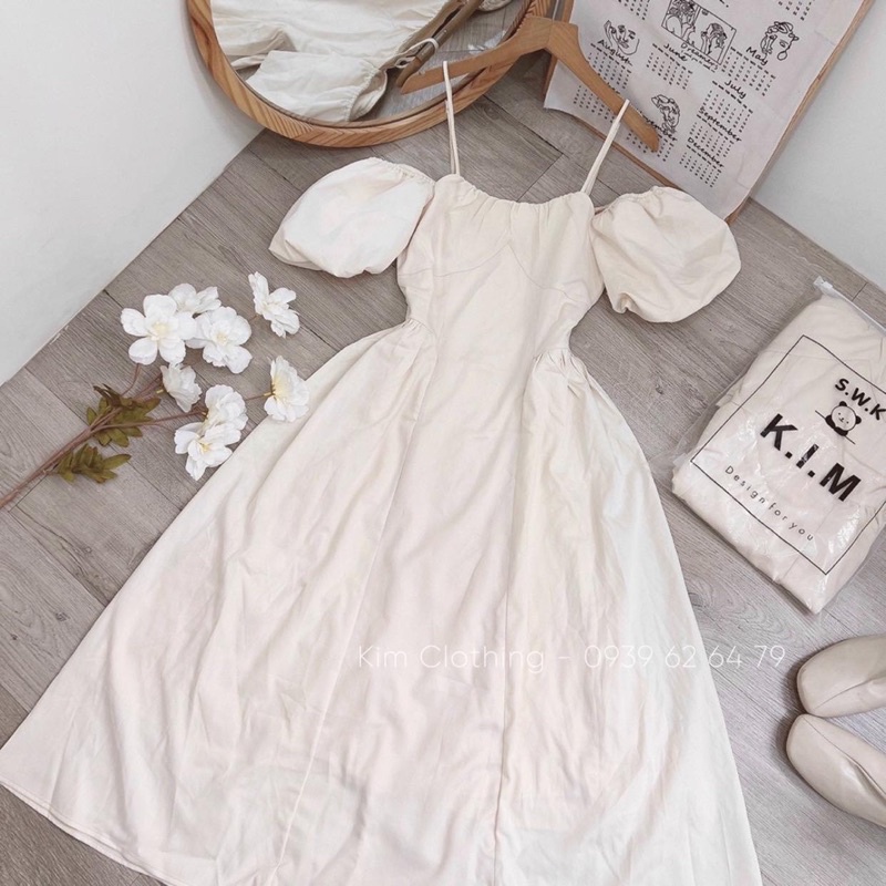 Đầm nude tay bồng rớt vai mặc được 2 kiểu tùng xoè xinh xắn [kèm hình thật]
