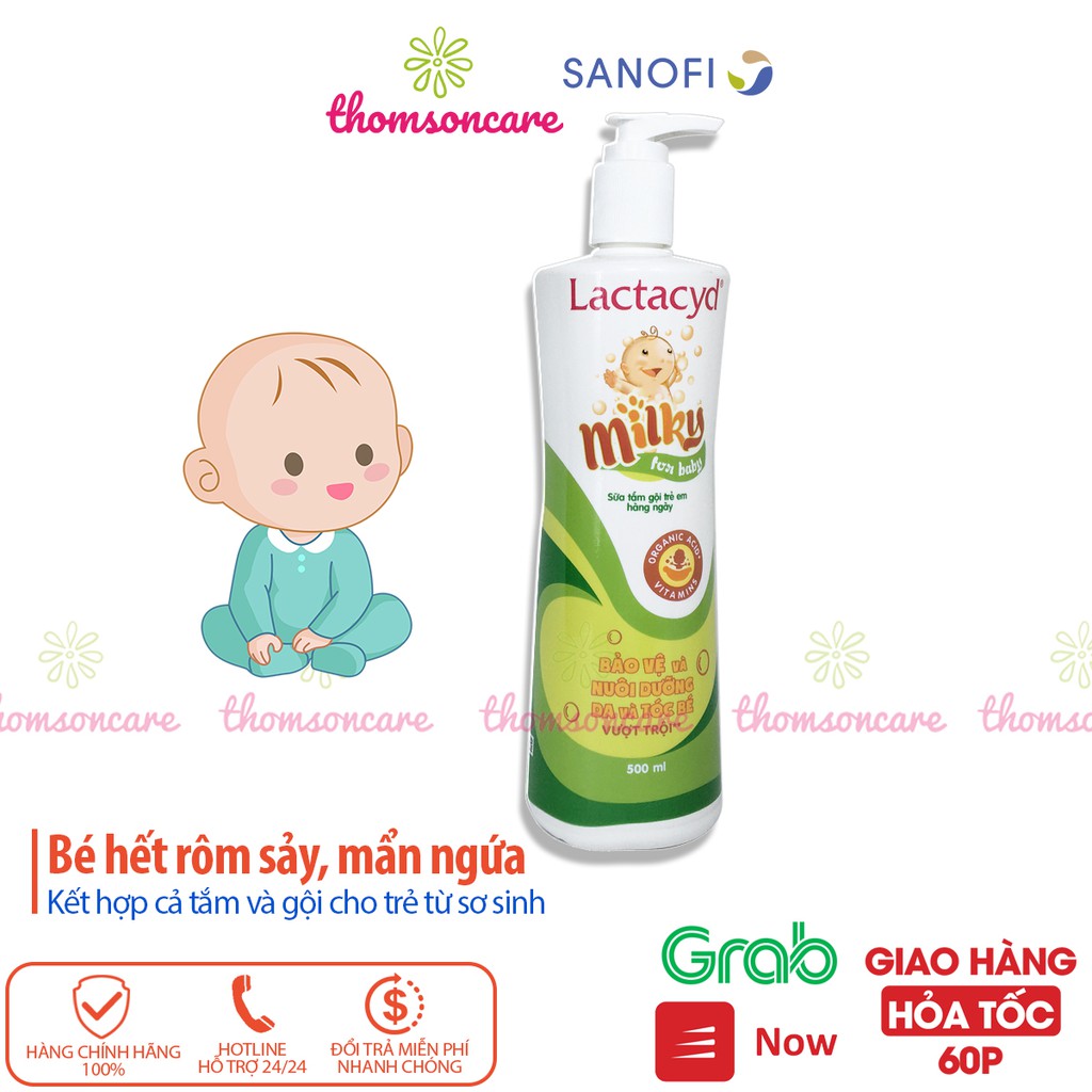 Sữa tắm Lactacyd Milky tắm và gội đầu cho bé từ sơ sinh chai 500ml có vòi tiện lợi, giảm rôm sảy, mẩn ngứa