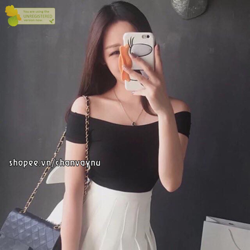 Áo thun nữ croptop trễ vai ngắn tay 2 màu đen, trắng freesize CVDP MT871 hàn quốc chuẩn store freeship 50k