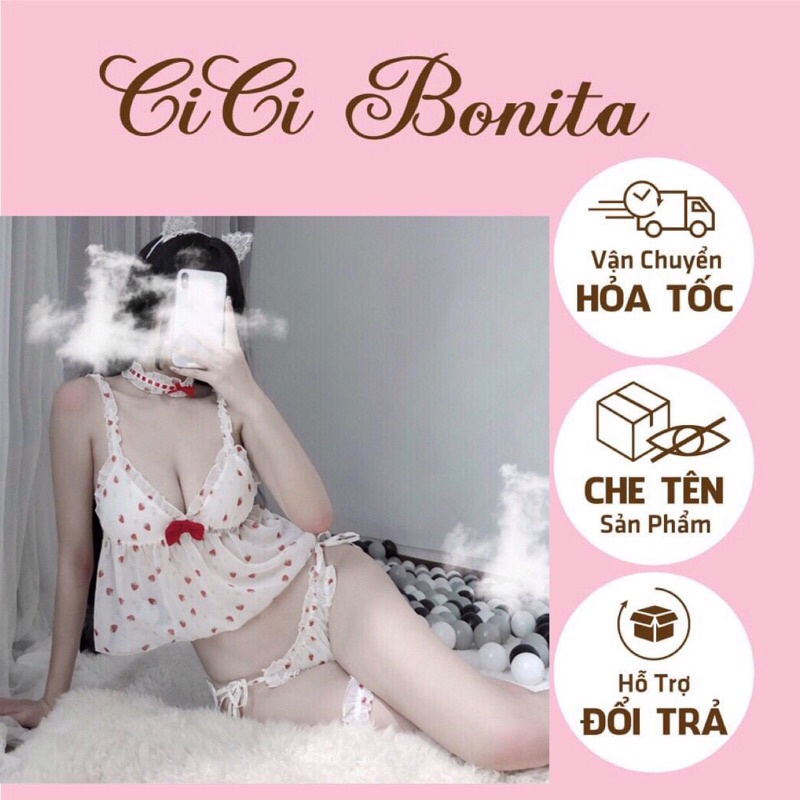 Set đồ ngủ nữ voan mỏng hoạ tiết dâu tây cực xinh C07 CICI BONITA HCM che tên- Ship hoả tốc