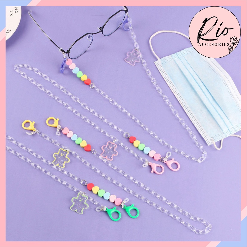 Dây đeo khẩu trang mắt kính bằng Acrylic hình trái tim đính gấu cho bé 62CM HOT TREND KT9