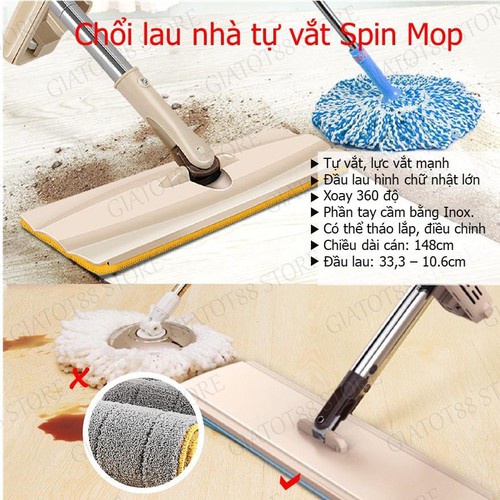 Chổi chà nhà thông minh, Chổi lau nhà tự vắt Spin Mop xoay 360 độ Làm Sạch Nhanh Chóng và sạch sẽ mọi ngõ ngách, góc hẹp