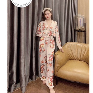 đồ bộ pijama MIENMOC tay bo thắt eo họa tiết vịt donal lụa satin cao cấp quảng châu