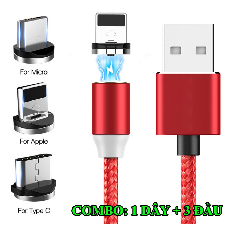 Dây cap sạc nam châm 3 đầu cho iphone và android type c siêu nhanh
