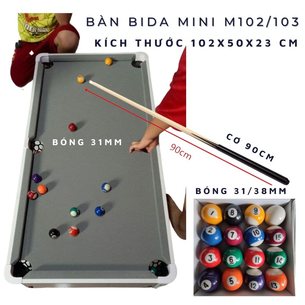 Bàn bi-a bida mini 102cm nhập khẩu giá rẻ + bi sứ 31mm (M102) và 38mm (M103) + vải nỉ + gậy gỗ 90cm