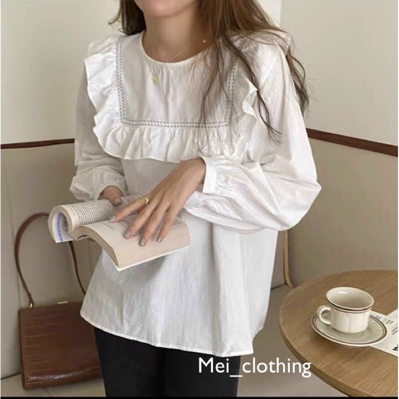 [Ảnh thật/video] Áo sơmi cổ bèo vuông tay bồng basic/ sơ mi trắng nữ