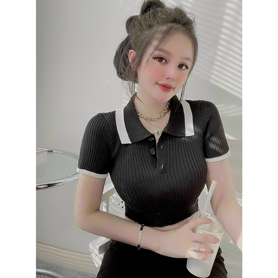 Áo len quảng châu croptop cổ polo màu cực xinh , chất len mềm mịn chip