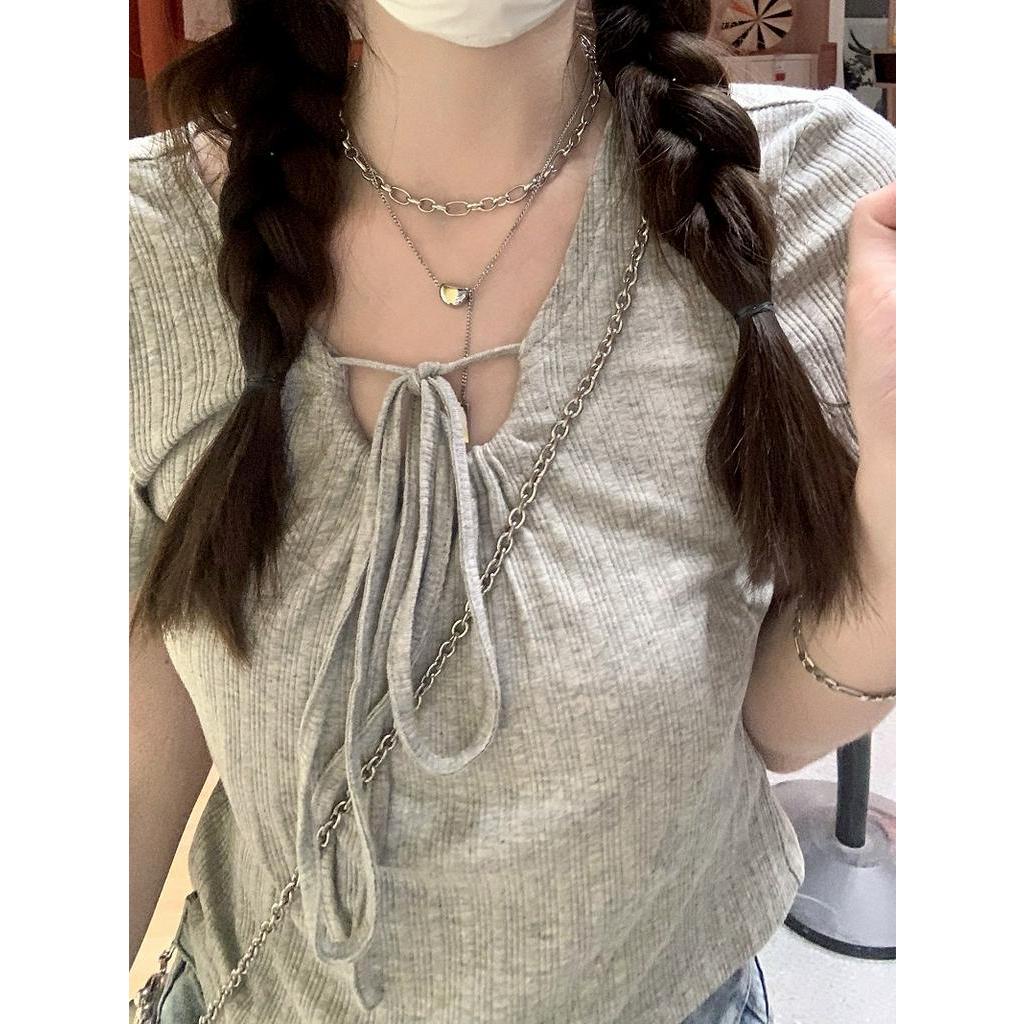 Áo Thun Ngắn Hở Vai Một Bên Vai Buộc Dây Thời Trang Mùa Hè Cho Nữ