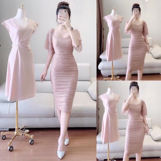 Đầm body nhúm tay bồng cổ vuông màu hồng nude DVTTL03(video ảnh thật)