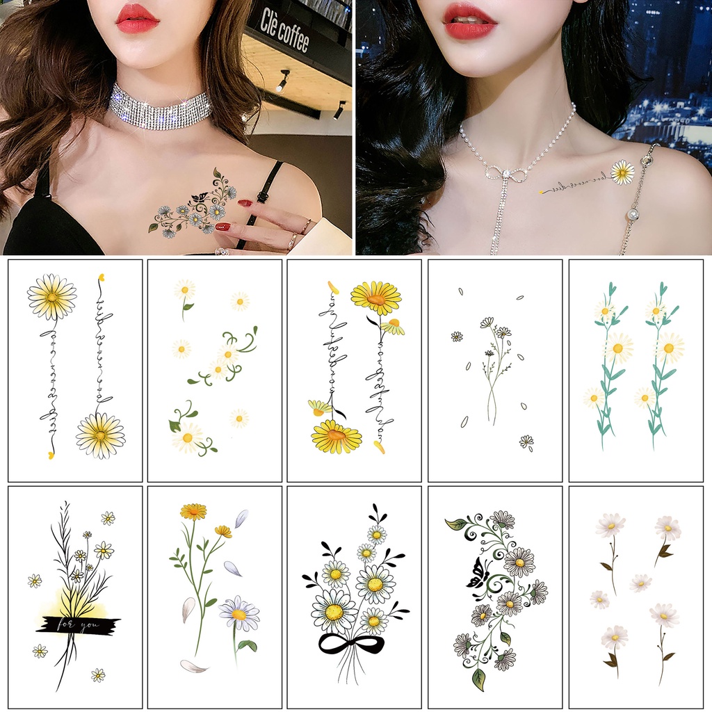 Bộ 10 hình xăm dán tạm thời hình hoa cúc chống nước chất lượng