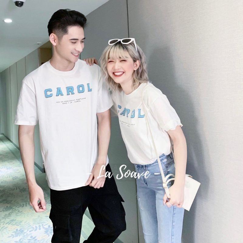 Áo đôi tay lỡ from rộng unisex, phối chữ xanh nổi bật