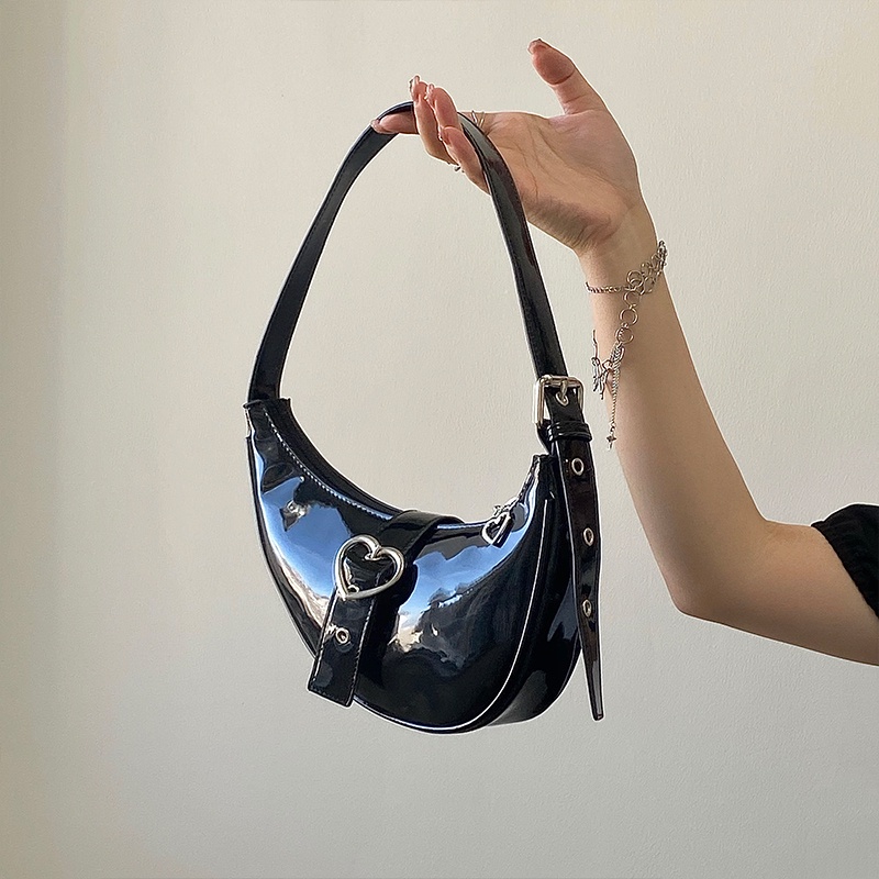 Túi đeo vai IELGY da bóng màu trơn có khóa kéo và khóa cài trái tim thời trang dành cho nữ