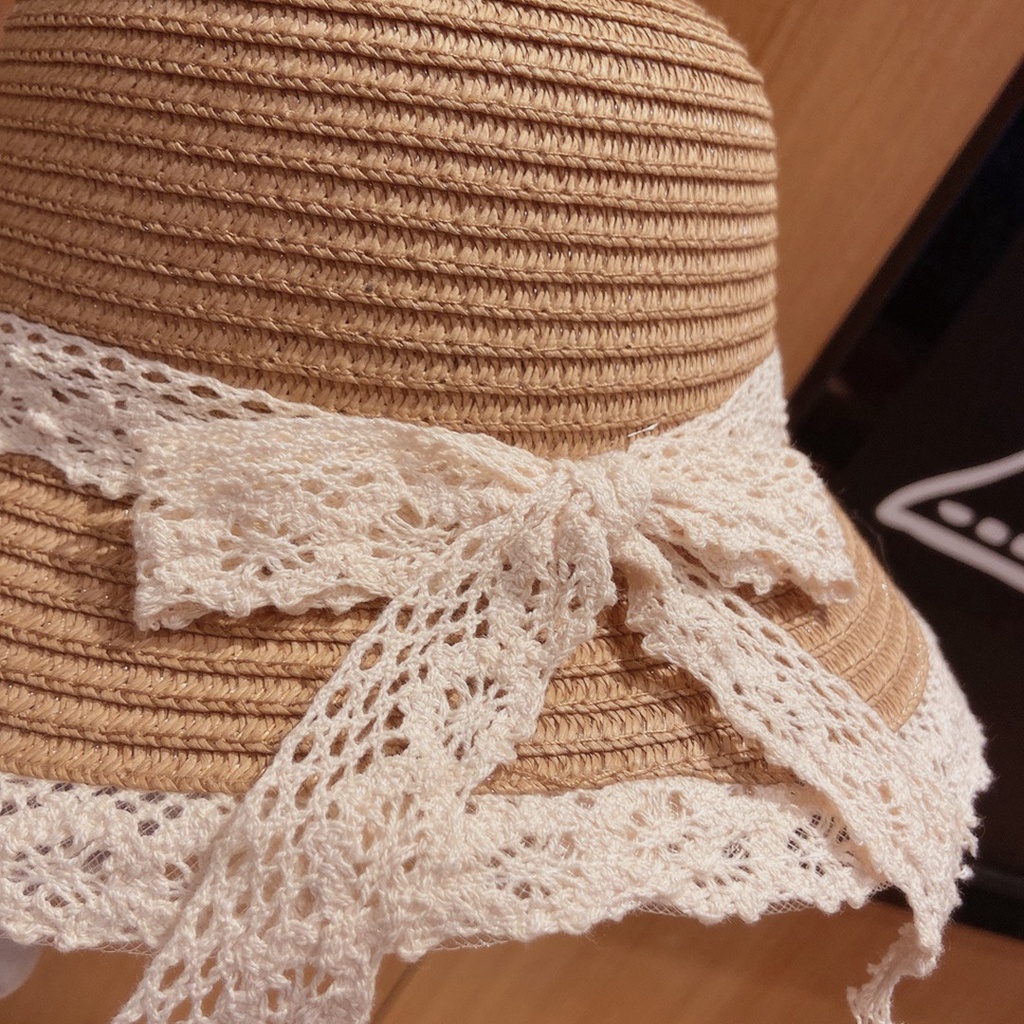 Mũ/nón cói viền ren 2 tầng thắt nơ xinh xắn phong cách vintage Hàn Quốc freesize cho bé từ 3 đến 10 tuổi
