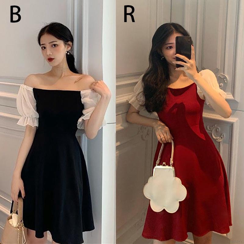 Đầm Nữ Ngắn Tay Trễ Vai Xinh Xắn Theo Phong Cách Hàn Quốc Thanh Lịch