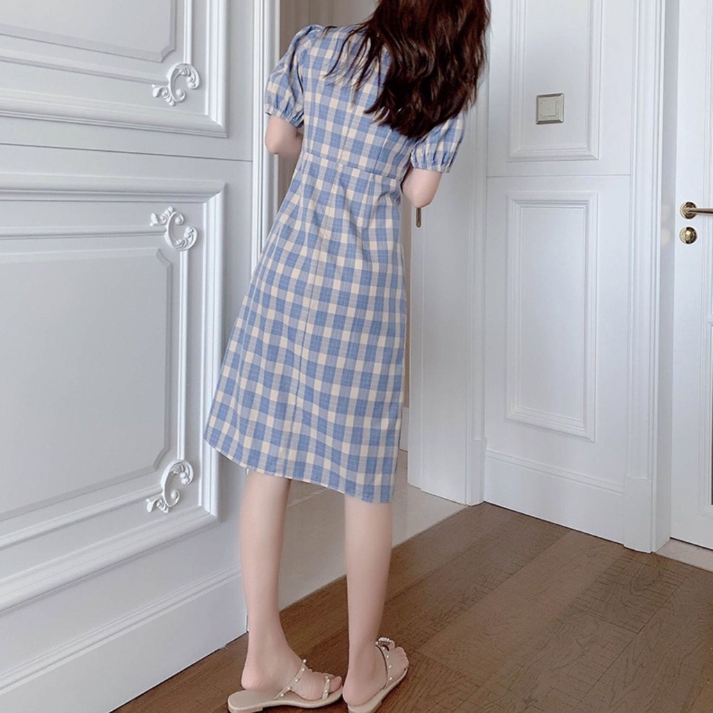 Đầm sườn xám chiều dài vừa phải ôm eo vừa vặn kẻ sọc caro xanh lam retro mới mùa hè
