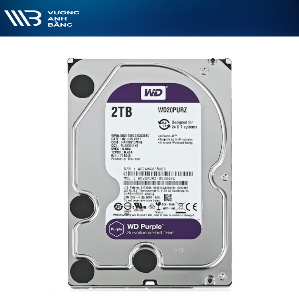 Ổ cứng HDD PC WD 2T PURPLE (5400 RPM)- Hàng Chính Hãng