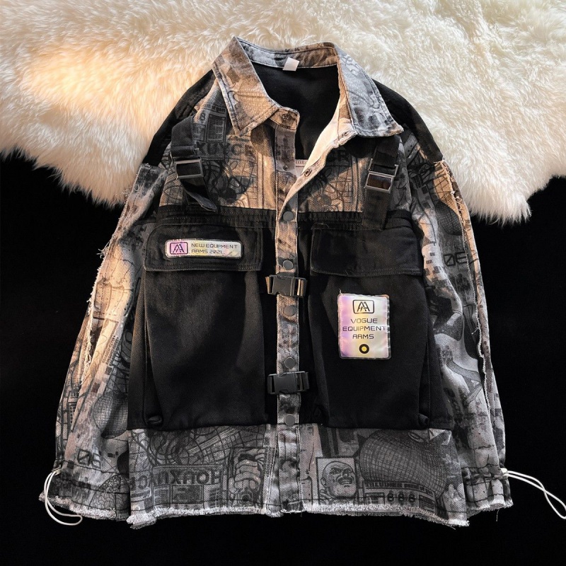 Áo khoác denim iMaodou phối túi giả hai lớp thời trang đường phố Nhật Bản cá tính cho nam