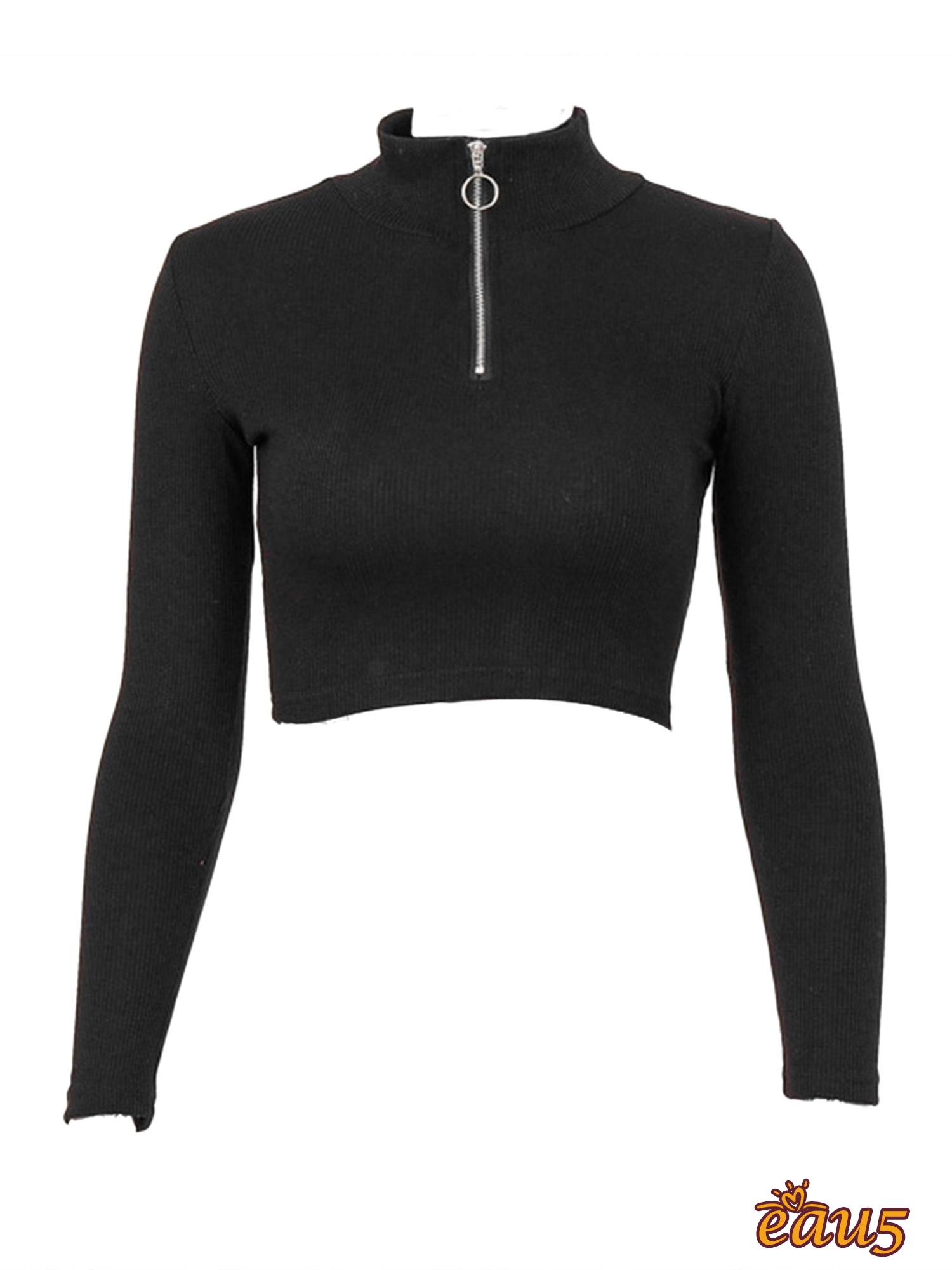 ☜♠☞Women´s Rib Knit Crop Top Long Sleeve Stand Collar Zipper Front Slim Fit Solid Color Basic Tee Shirt