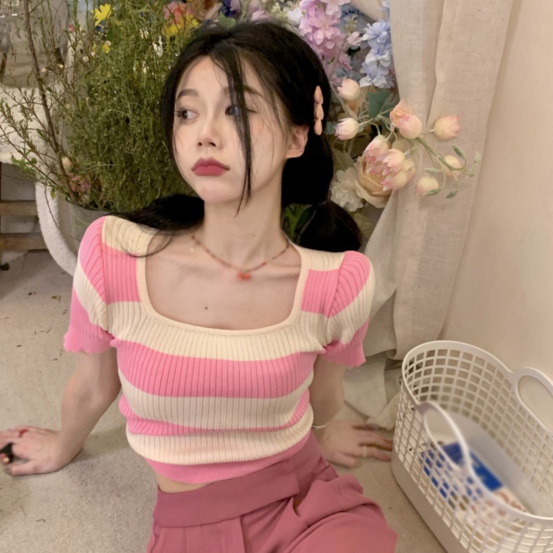 Áo Croptop Dệt Kim Cổ Vuông Họa Tiết Kẻ Sọc Thời Trang Cho Nữ