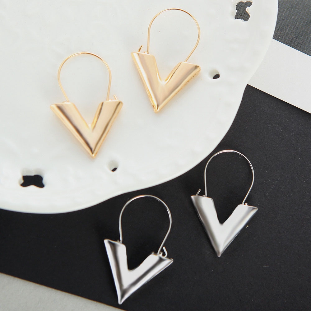 MXGOODS Color Fashion Letter V Metal Texture Gift For Women Hoop Earrings