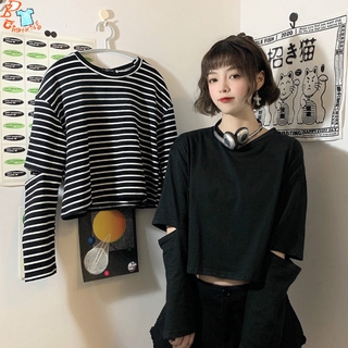 Áo Croptop Tay Dài Hoạ Tiết Kẻ Sọc Phong Cách Hàn Quốc