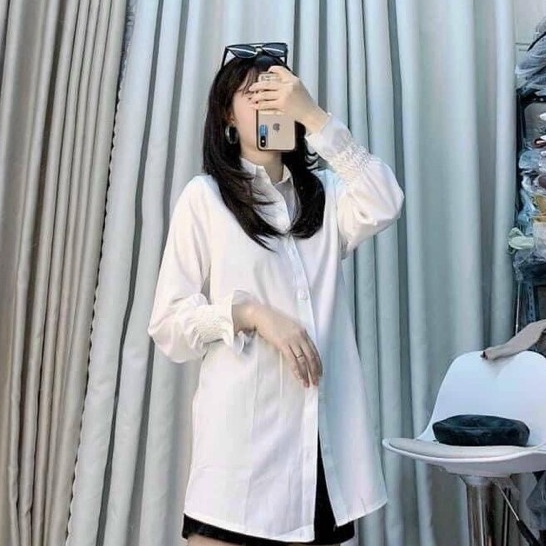 Áo sơ mi nữ đi học form rộng tay dài kiểu dáng hàn màu trắng tay phồng - Sơ mi nữ dài tay bigsize đẹp mặc đi làm công sở