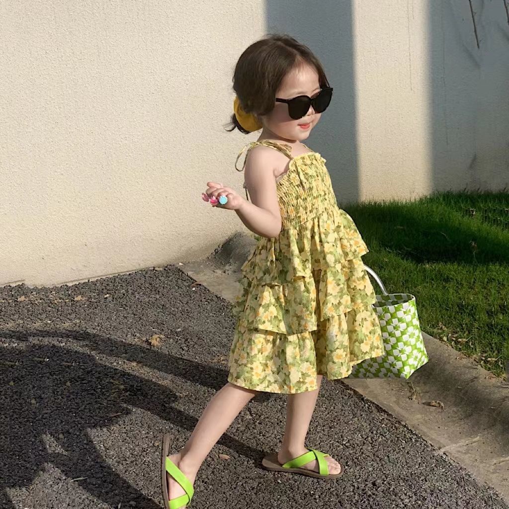 Đầm Chiffon Hai Dây Họa Tiết Hoa Thời Trang Mùa Hè Phong Cách Mới Cho Bé Gái