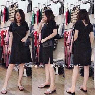 Váy suông cổ V phối dây đan chéo 3 màu