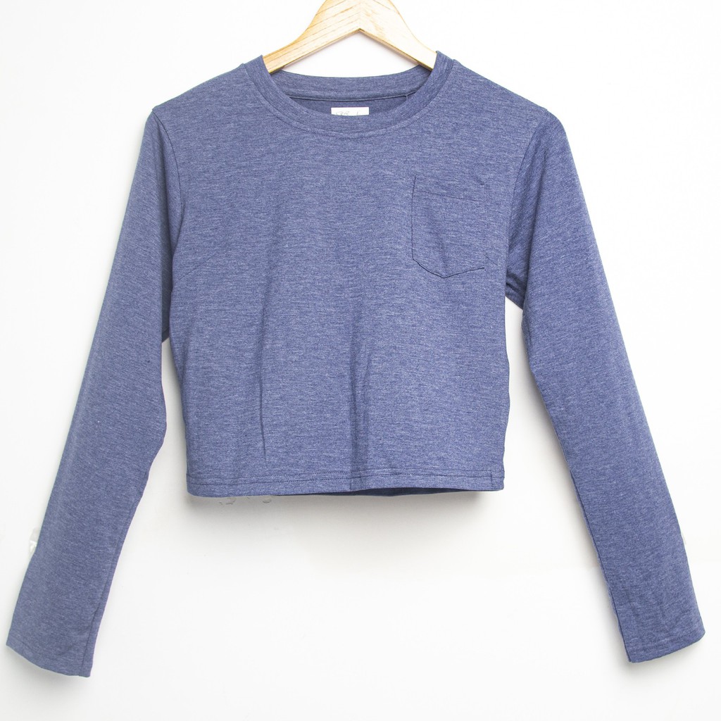 Áo thun tay dài nữ Simple & Basic cotton mềm mịn, dáng croptop, màu xanh denim