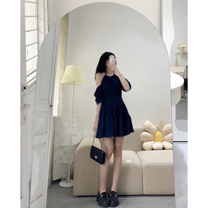 Váy  cổ yếm dáng xoè trễ vai sang chanh , váy trễ vai tay bồng tiểu thư màu xanh than đẹp hàng hai lớp by YANSOO