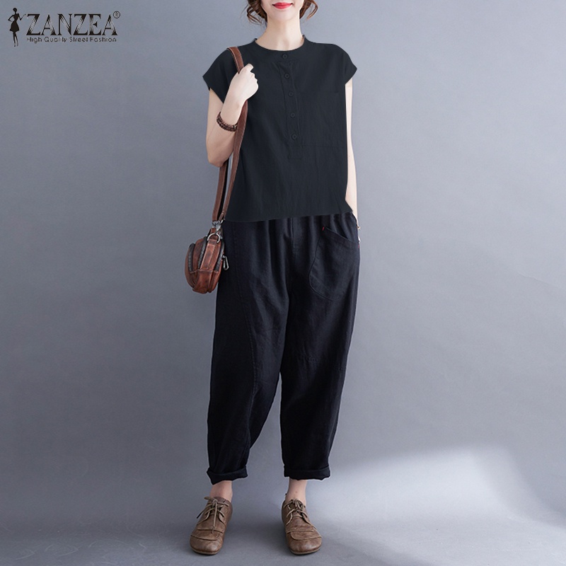 Áo sơ mi ZANZEA tay dài có túi trước màu trơn dành cho nữ