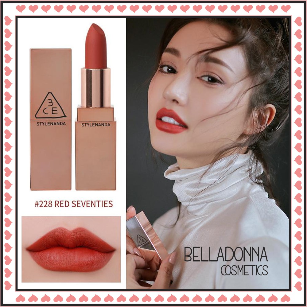 Son Thỏi Siêu Hot 3CE Matte Lip Color #228 Red Seventies: Tone đỏ đất thời thượng