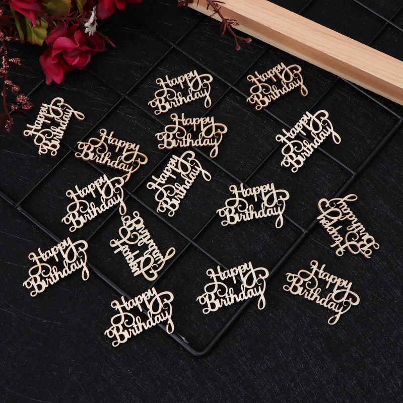 Set 15 Miếng Gỗ Hình Chữ Happy Bithday Phong Cách Mộc Mạc Cổ Điển Dùng Để Trang Trí Sổ Tay / Đồ Thủ Công