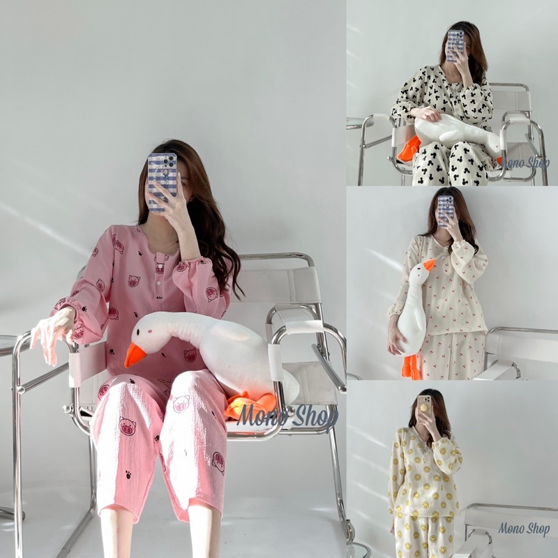 Đồ ngủ dài tay chất xốp hoạ tiết hoạt hình cổ cài nút Ảnh thật sẵn | BigBuy360 - bigbuy360.vn