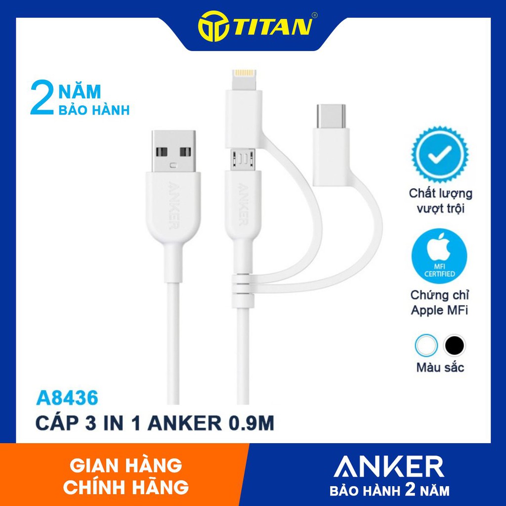 Cáp ANKER A8436 3 đầu type c-micro-lightning 1m Powerline BẢO HÀNH 12 THÁNG