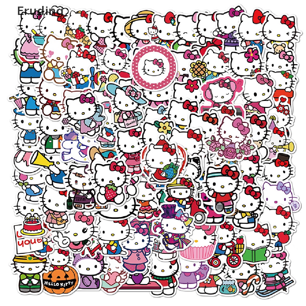 Set 100 Sticker Hello Kitty Bằng PVC Dễ Thương Dán Trang Trí Ván Trượt Laptop