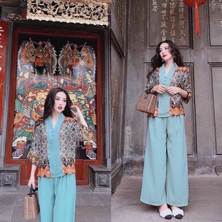 Bộ đồ lam đi chùa thổ cẩm siêu sang -xanh ngọc