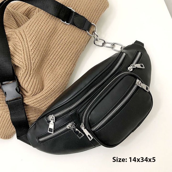 Túi bao tử đeo chéo da trơn unisex nam nữ đeo bụng đeo trước ngực phối xích cá tính