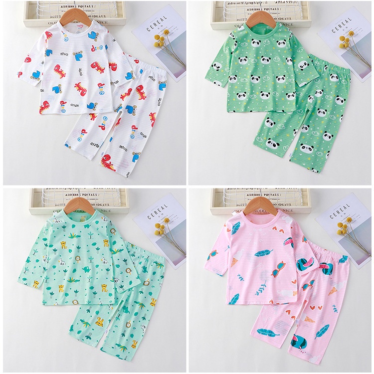 Bộ đồ ngủ cotton tay lửng in họa tiết hoạt hình thời trang mùa hè cho bé 80-150cm