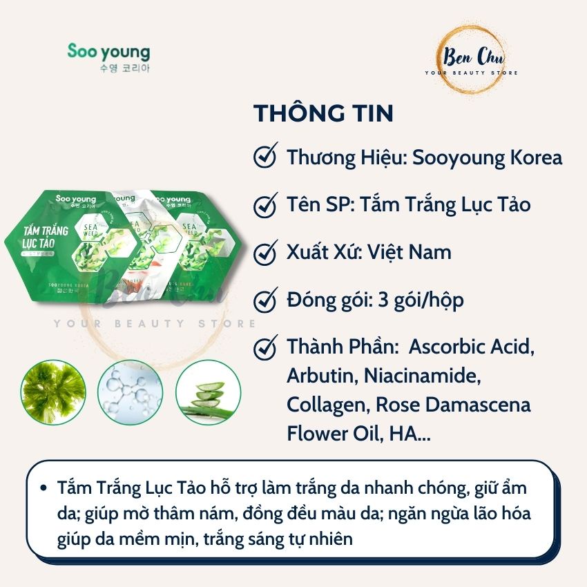 Tắm Trắng Lục Tảo SOOYOUNG KOREA – Giúp Da Trắng Sáng Tự Nhiên, Giữ ẩm & Săn Chắc, Chống Lão Hóa Da | BenChu Beauty | BigBuy360 - bigbuy360.vn