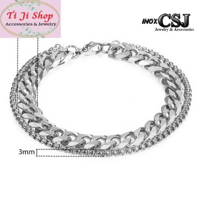 Lắc tay nam 2 tầng kiểu lặc đơn vát cạnh, kết hợp bông dừa khít nhí màu trắng sáng, đẹp, không đen, chuẩn thời trang