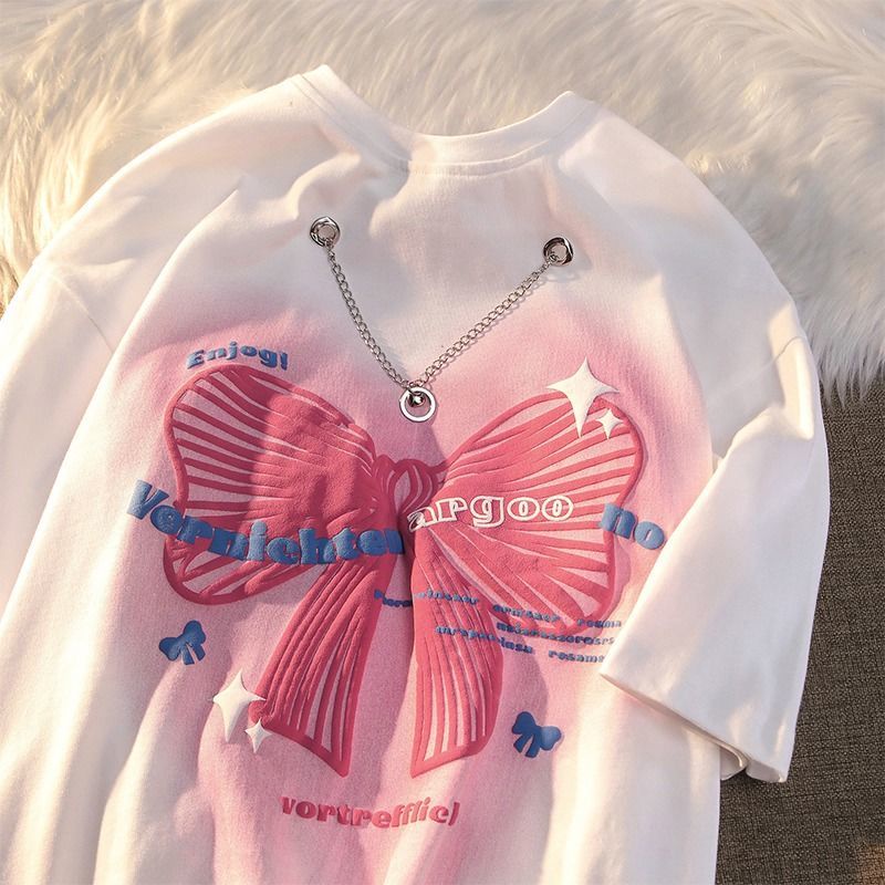 Jiashucheng Áo Thun Tay Ngắn In Hình Nơ Bằng Cotton Nguyên Chất Phong Cách Harajuku Hàn Quốc Dễ Phối Đồ Dành Cho Cặp Đôi