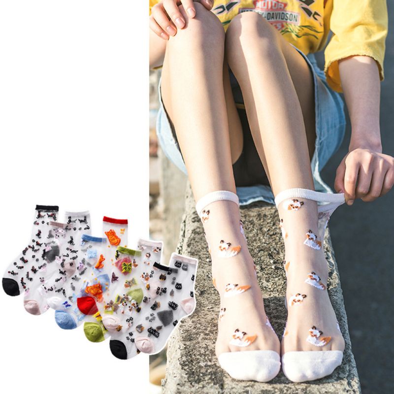 Youyo Vớ Sợi Thủy Tinh Trong Suốt In Họa Tiết Mèo Hoạt Hình Phong Cách Nhật Bản Cho Nữ Ultra-