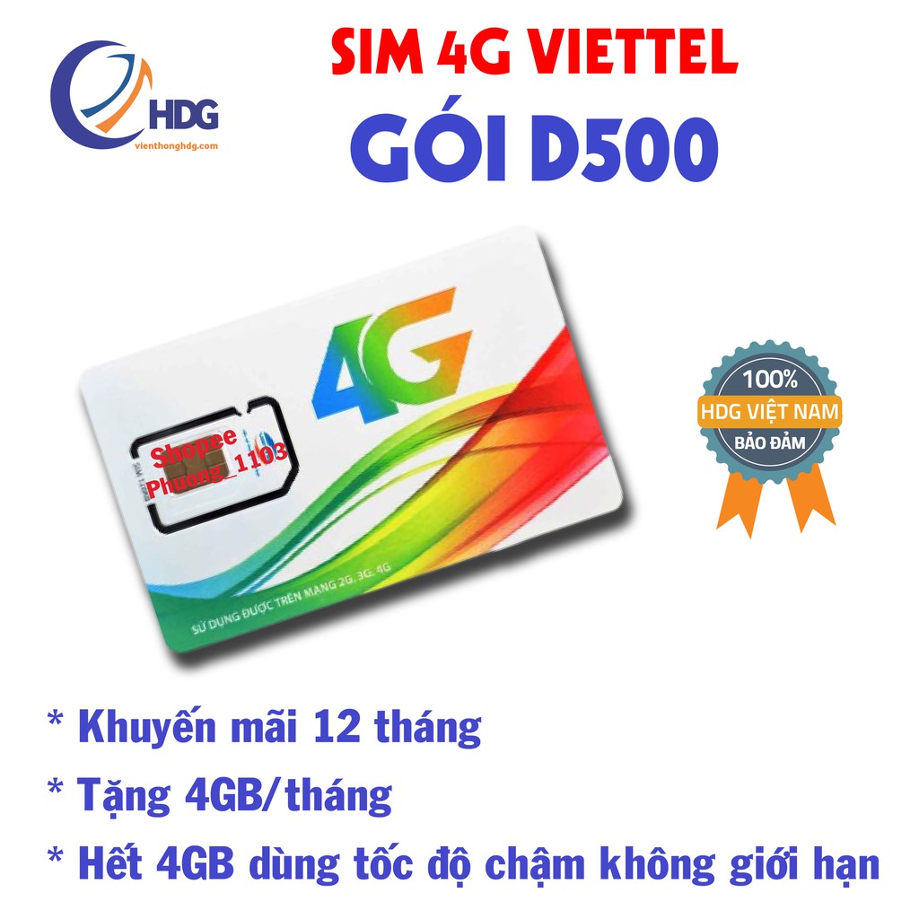 [Mã ELMS5 giảm 7% đơn 300K] Sim 4g viettel D500 trọn gói 4gb/tháng/12 tháng không cần nạp thẻ