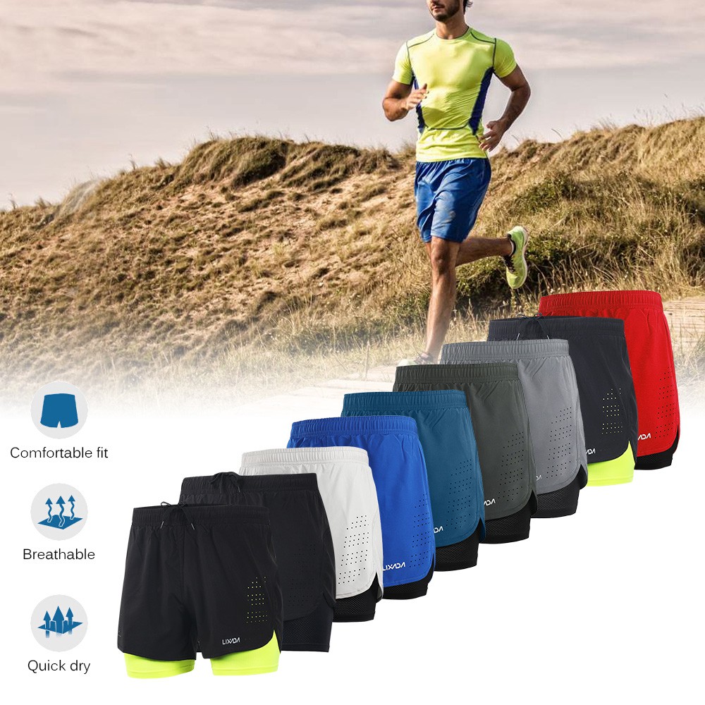 Quần short Lixada nam thể thao chạy bộ nhanh khô thoáng khí 2 trong 1 có lớp lót lưới dài