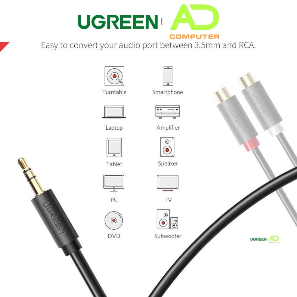 Cáp âm thanh chuyển jack 3.5mm sang 2 đầu hoa sen RCA dài 20CM - UGREEN 10547 (màu đen)
