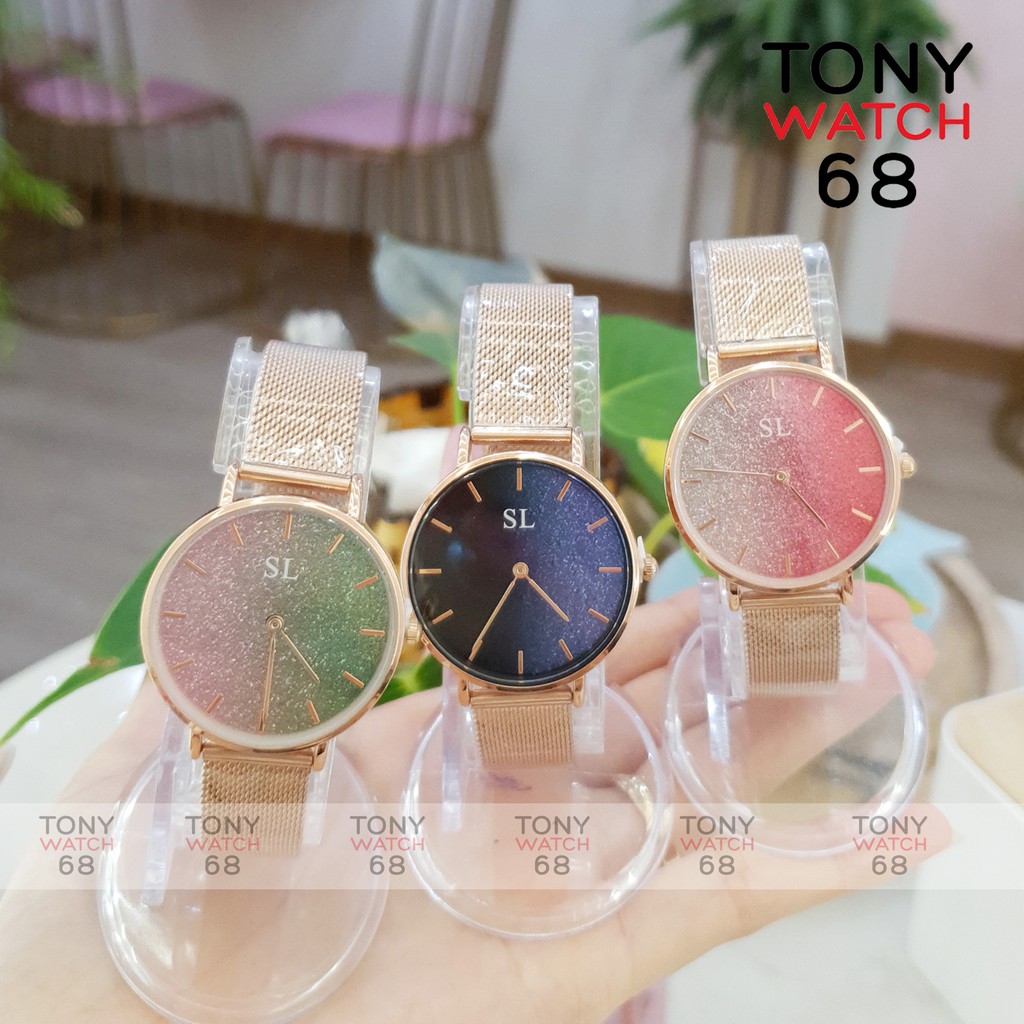 Đồng hồ nữ SL dây kim loại vàng hồng mặt nhũ 2 màu độc đáo chống nước chính hãng Tony Watch 68 | BigBuy360 - bigbuy360.vn