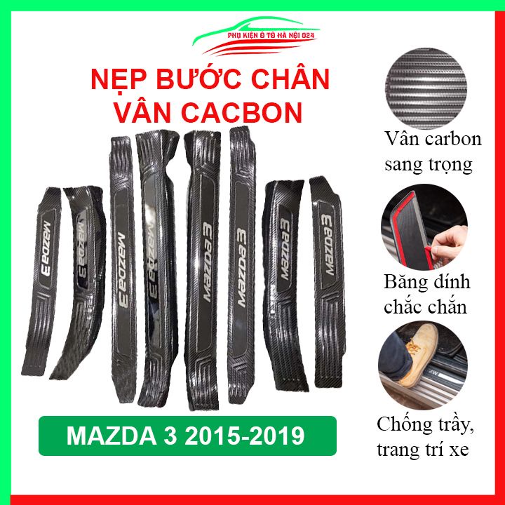 Ốp bậc cửa, nẹp bước chân Mazda 3 2015-2019 vân cacbon chống trầy bảo vệ trang trí xe