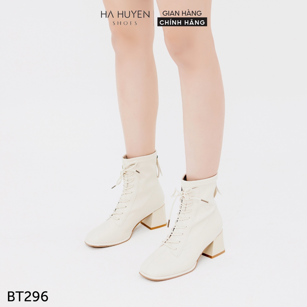 Giày boot nữ Hà Huyền Shoes bốt da mũi tròn buộc dây gót vuông 5 phân trẻ trung - BT296