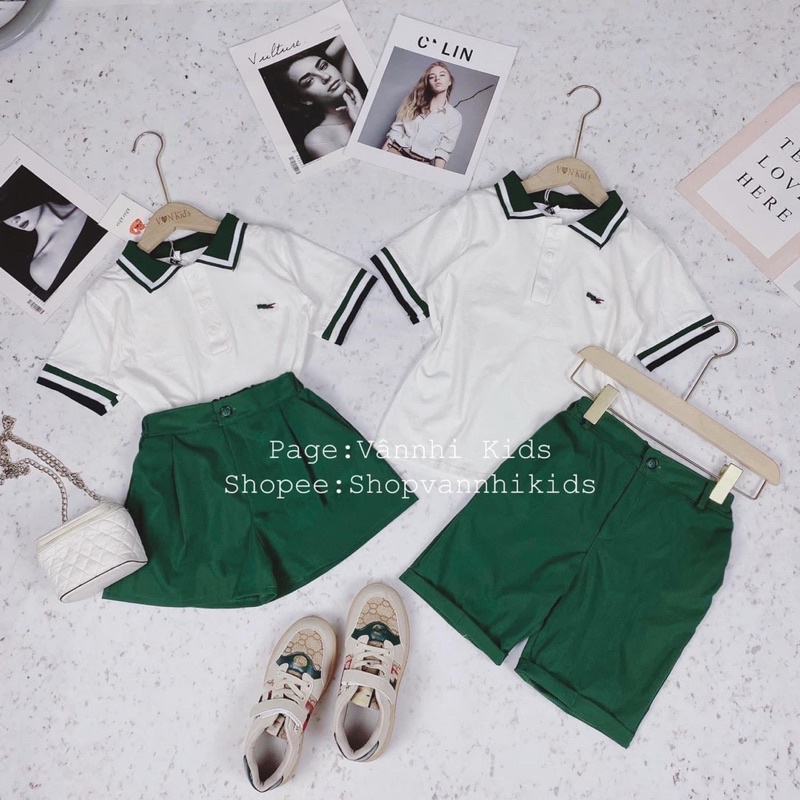 Set áo cá sấu quần kaki xanh lá cho bé